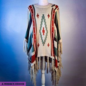 SOUTHWEST ARIZONA AZTEC KNIT PONCHO MULTI COLORED - ONE SIZE FITS MOST